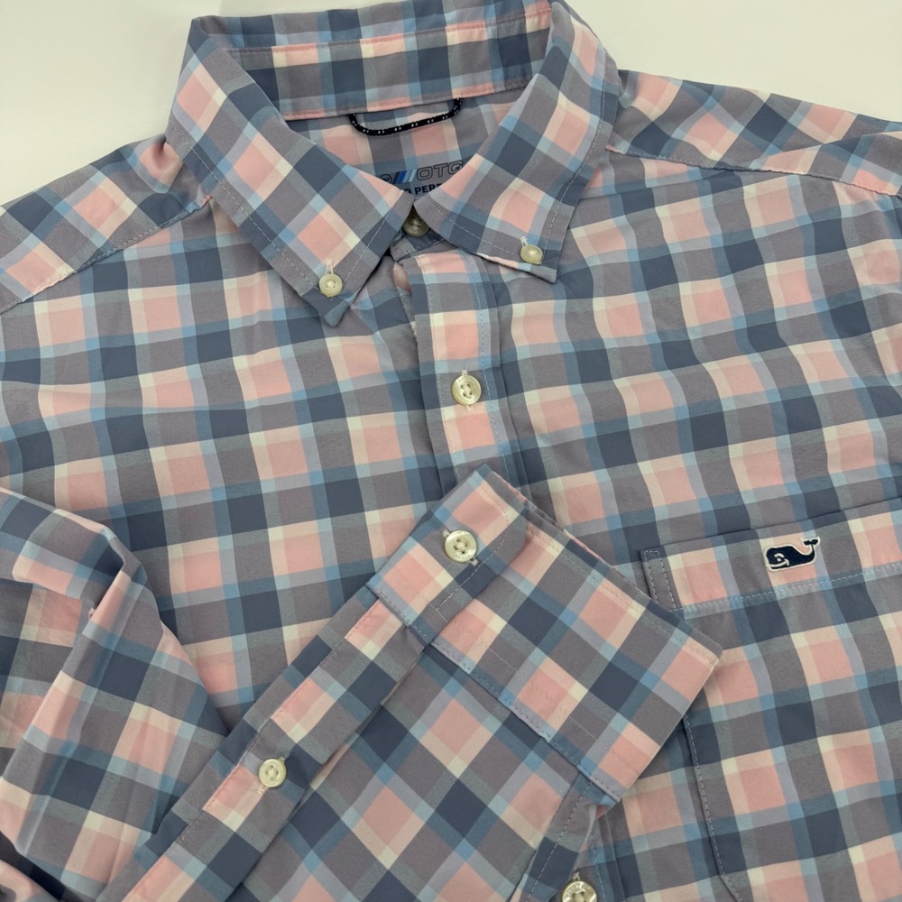 Vineyard Vines Mens Small On-The-Go Performance Shirt Pink Blue Check Plaid OTG